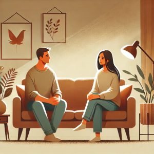 Illustration of a couple on a couch in warm tones for therapy.