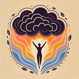 Illustration of character under colorful clouds to represent internal homophobia.
